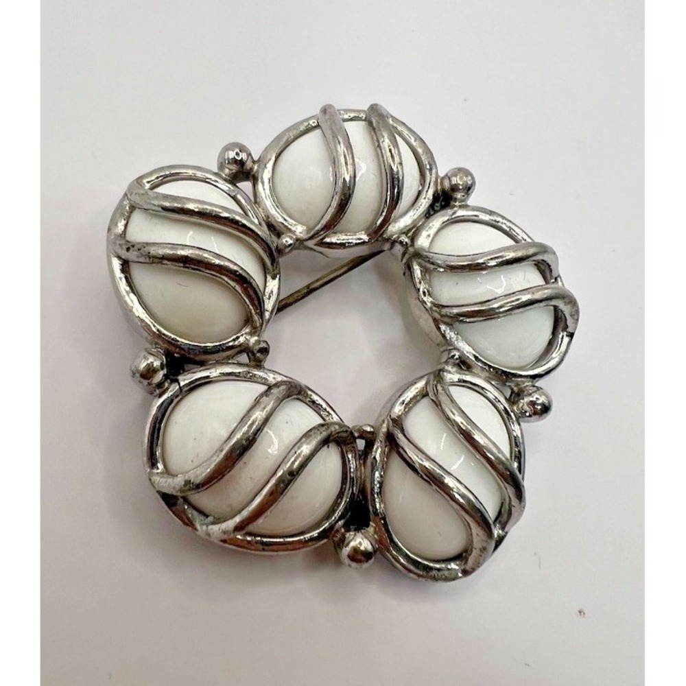 Vintage Barclay Brooch White Cabochon Silver Mid Century Modern Flower Pin Retro